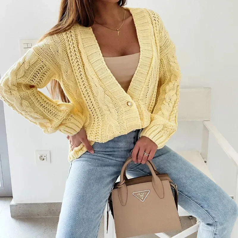 2024 Autumn New Women Cropped Cardigan V-neck Button Twist Knitted Tops Coat