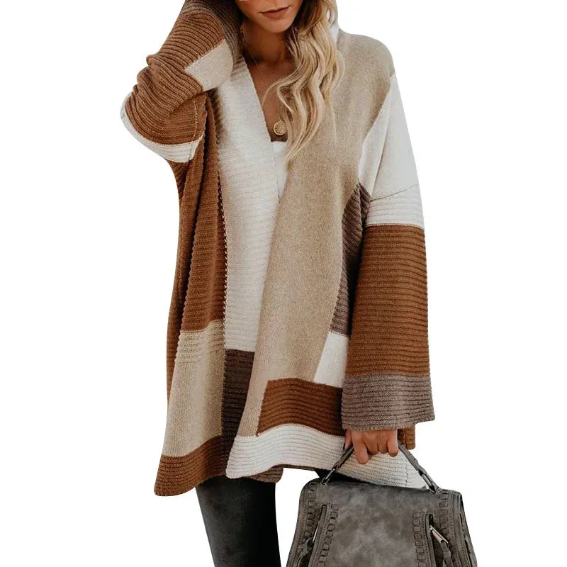 2024 New Women Large Size Loose Geometric Color Matching Sweater Cardigan Coat