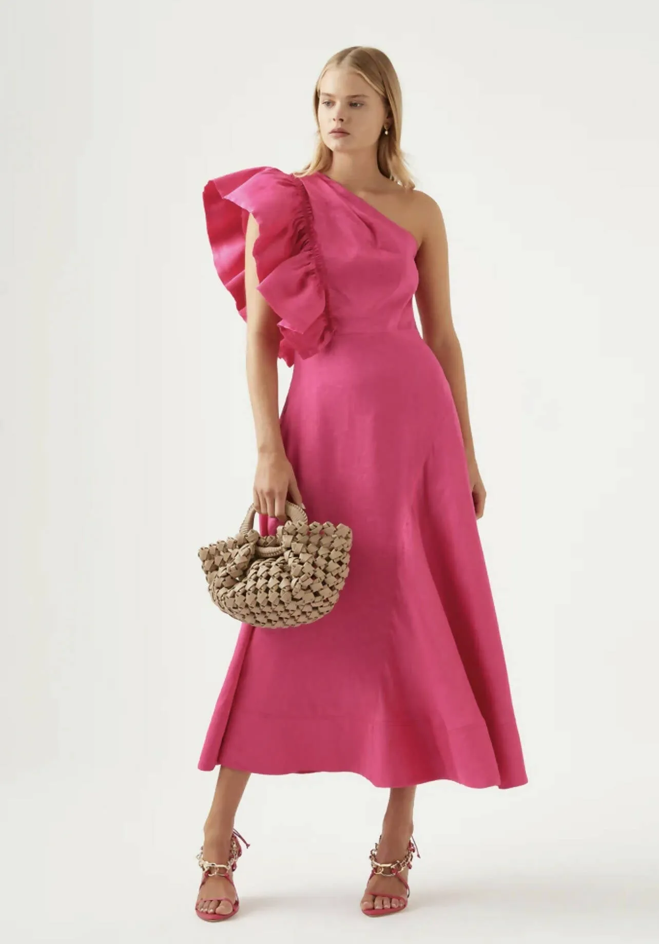 Aje Bonjour Asymmetric Midi Dress Pink