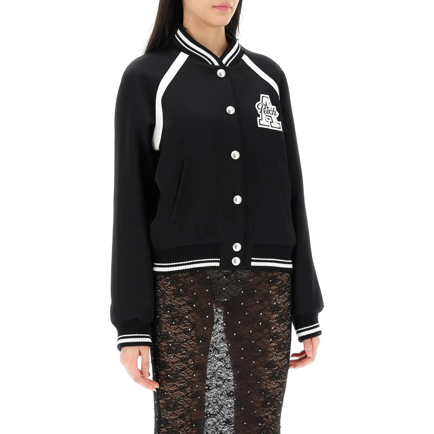 Alessandra Rich satin bomber jacket with logo patch