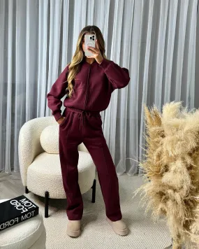 Amelia Bomber Zip Jacket & Straight Leg Joggers Set- Wine