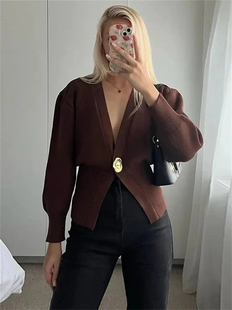 Amozae Knitwear V-Neck Cardigan Coat For Women Long Sleeve Fashion Autumn 2024 Elegant Cropped Outwear Knit Women's Cardigan Top