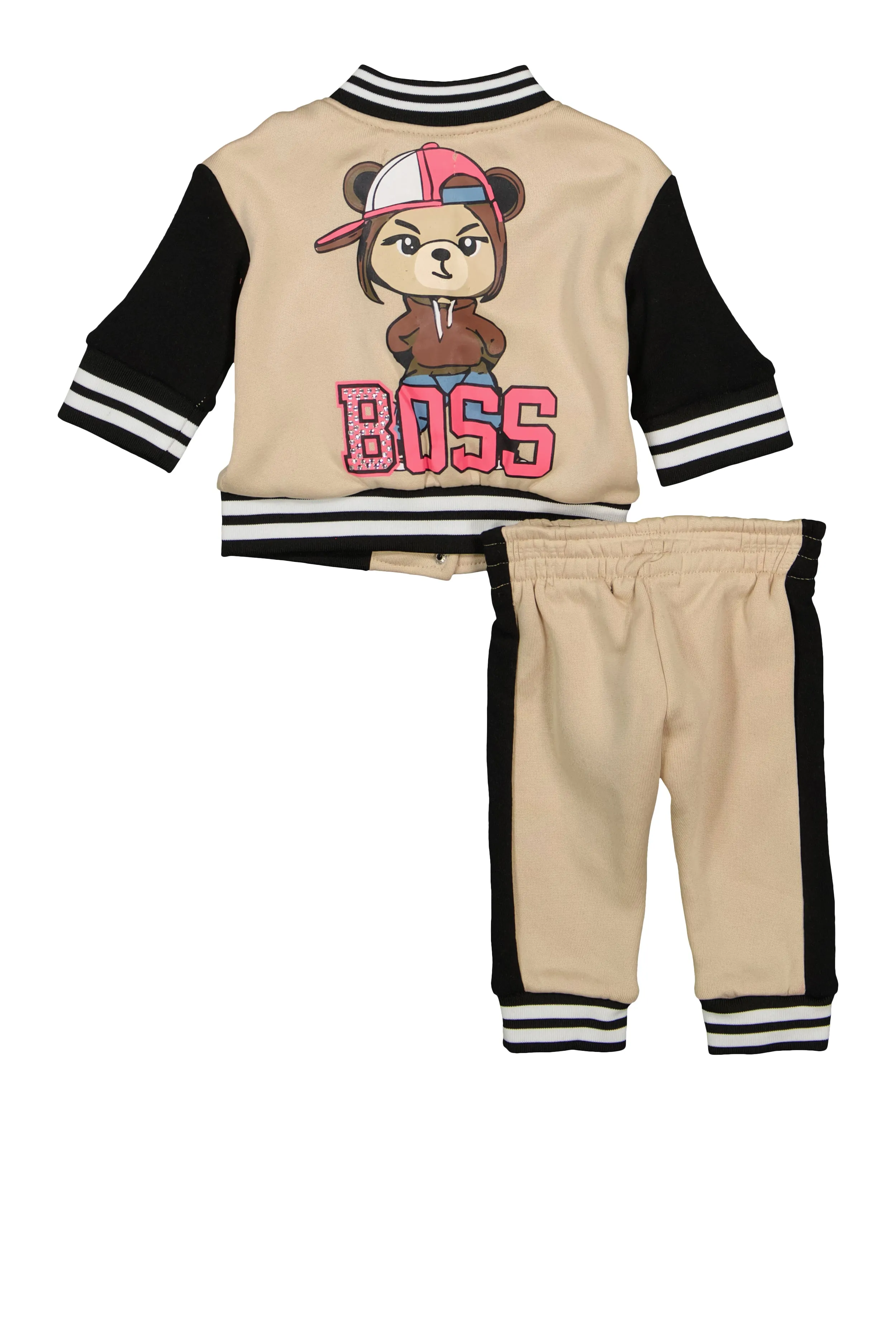 Baby Girls 0-9M Boss Bear Rhinestone Detail Varsity Jacket and Joggers