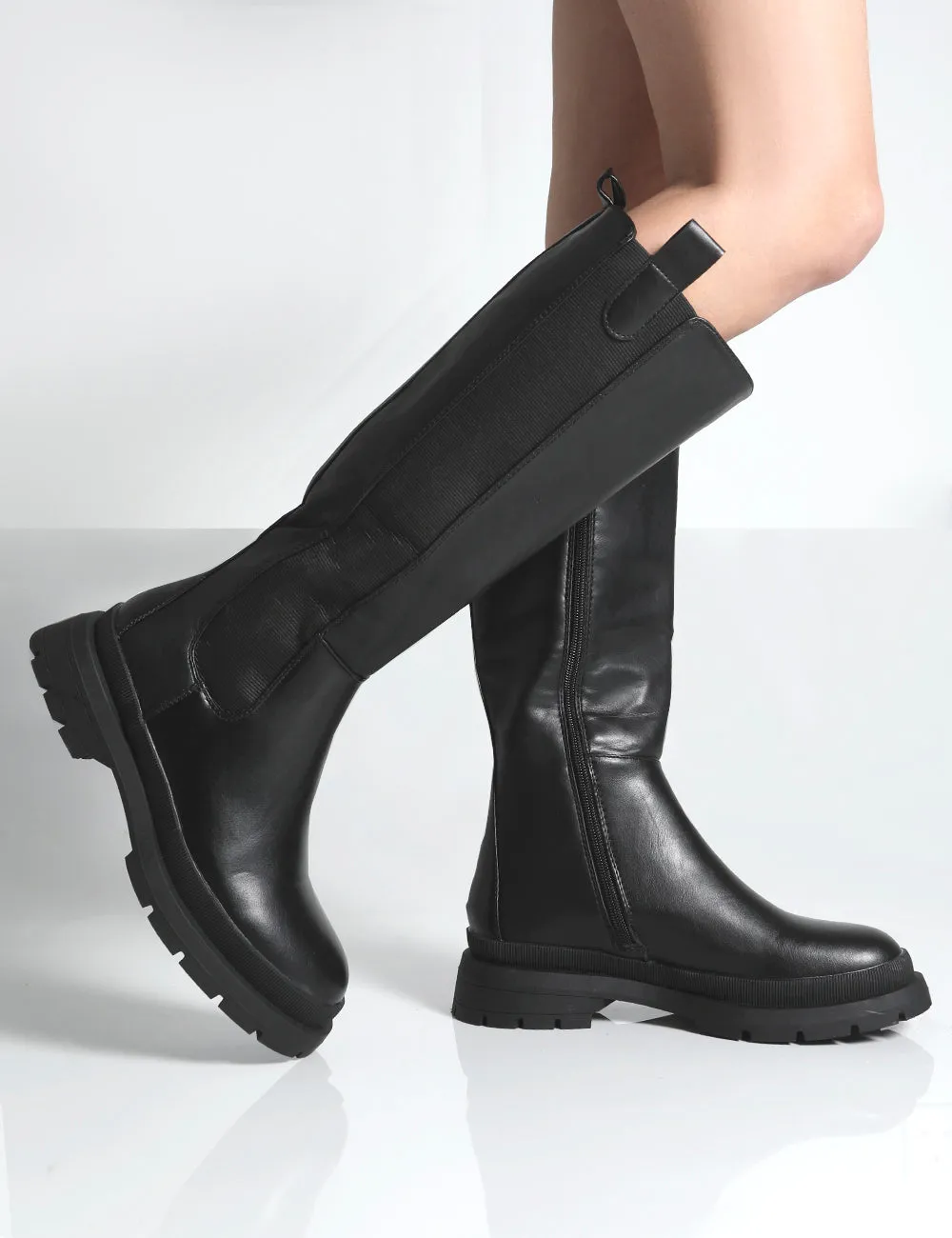 Balya Black Pu Pointed Toe Chunky Sole Knee High Boots