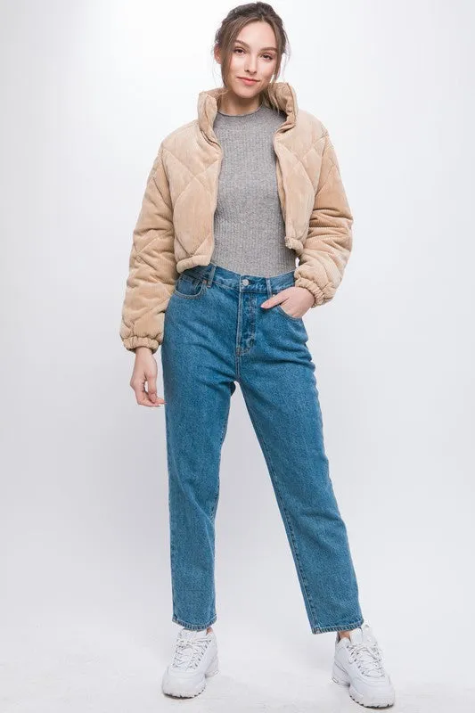 Beige Corduroy Semi-Cropped Zip Up Jacket With Pockets