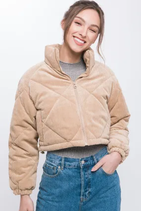 Beige Corduroy Semi-Cropped Zip Up Jacket With Pockets