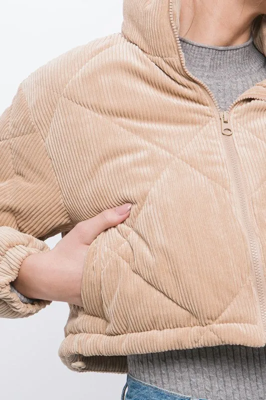 Beige Corduroy Semi-Cropped Zip Up Jacket With Pockets