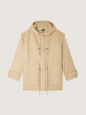 Beige cotton canvas hooded parka