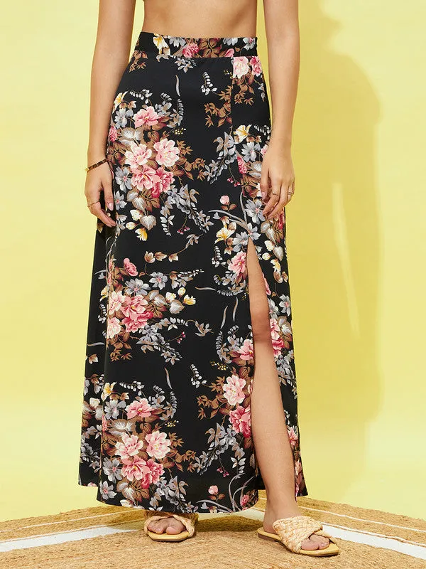 Berrylush Women Black, Pink, & White Floral Printed High-Rise Waist Thigh-High Slit Straight Hem A-Line Midi Skirt