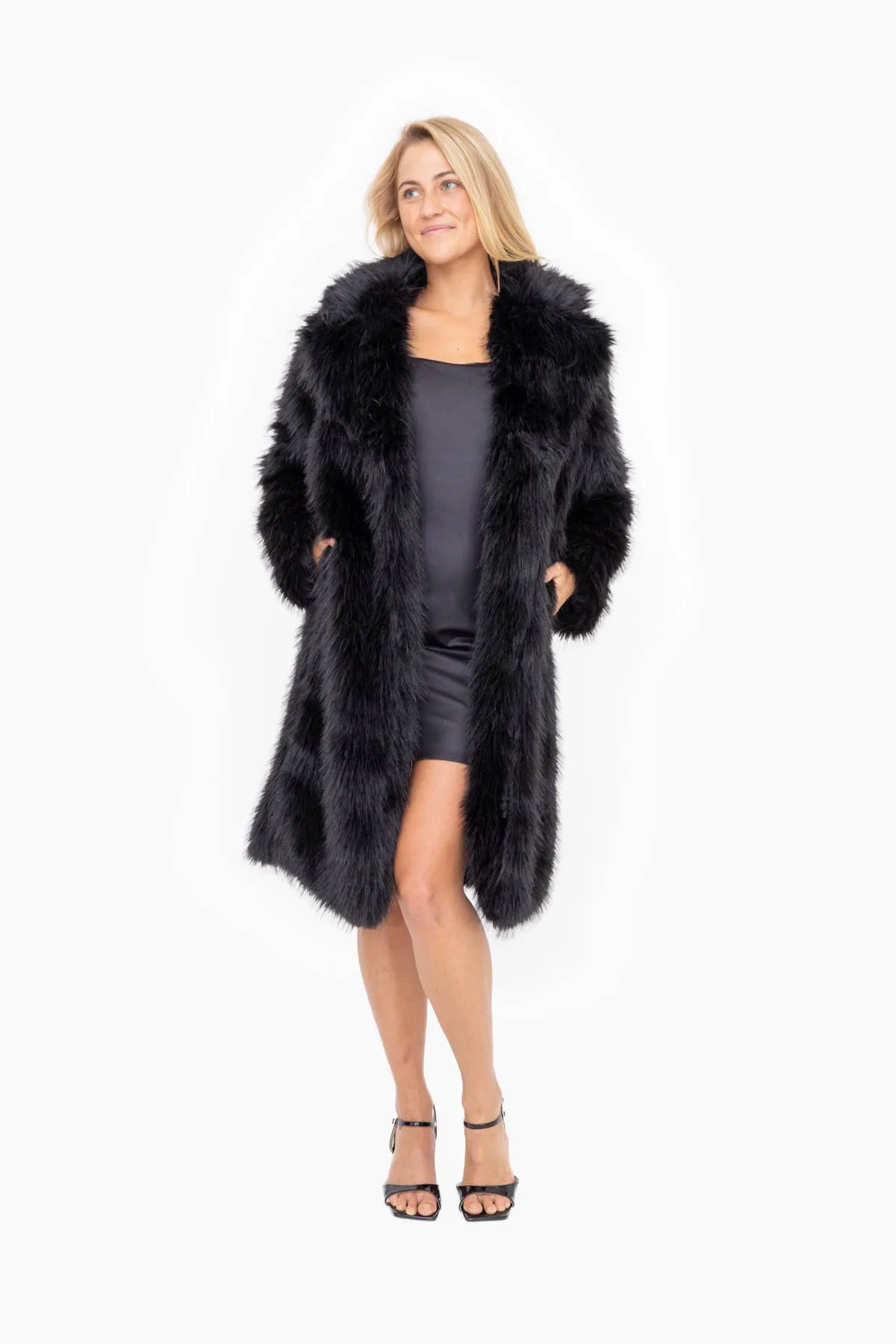 Black Longline Faux Fur Coat