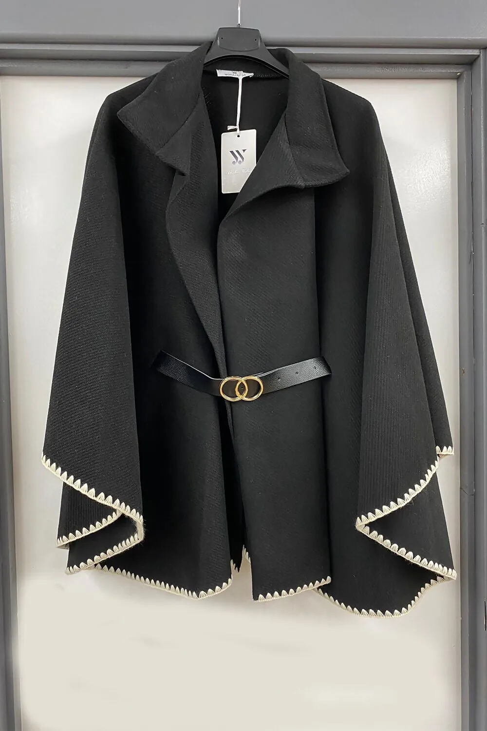 BLACK OVERSIZED CONTRAST STITCH BELTED CAPE COAT