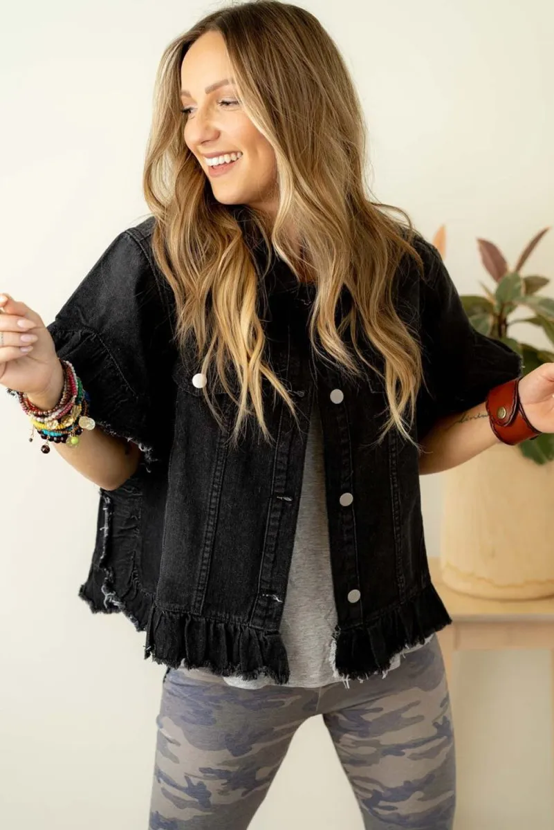 Black Ruffled Short Sleeve Denim Jacket