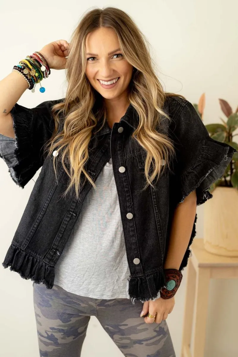 Black Ruffled Short Sleeve Denim Jacket