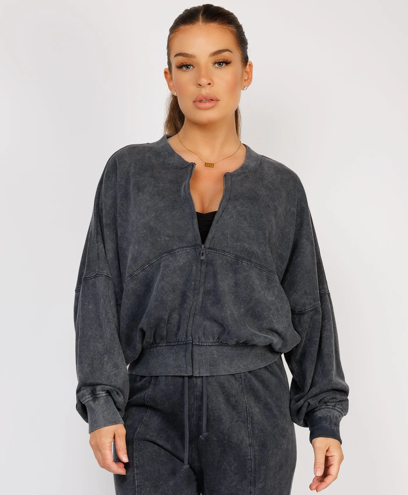 Black Stonewashed Zipped Bomber Jacket & Joggers Loungewear Set