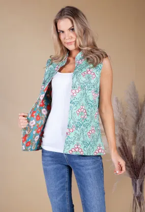 Blue and Turquoise Vintage Print Reversible Gilet