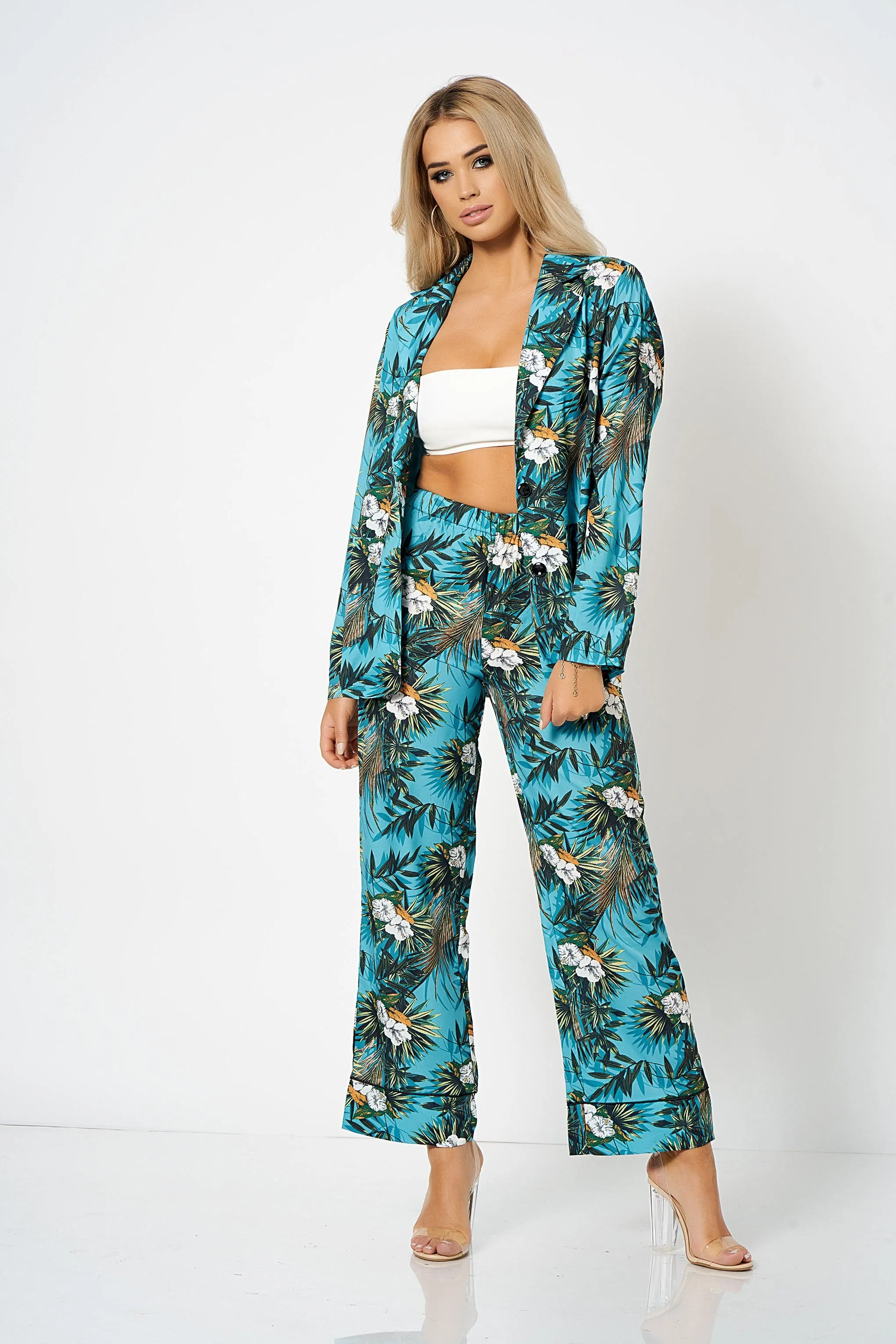 Blue Tropical Printed Co-Ord Blazer