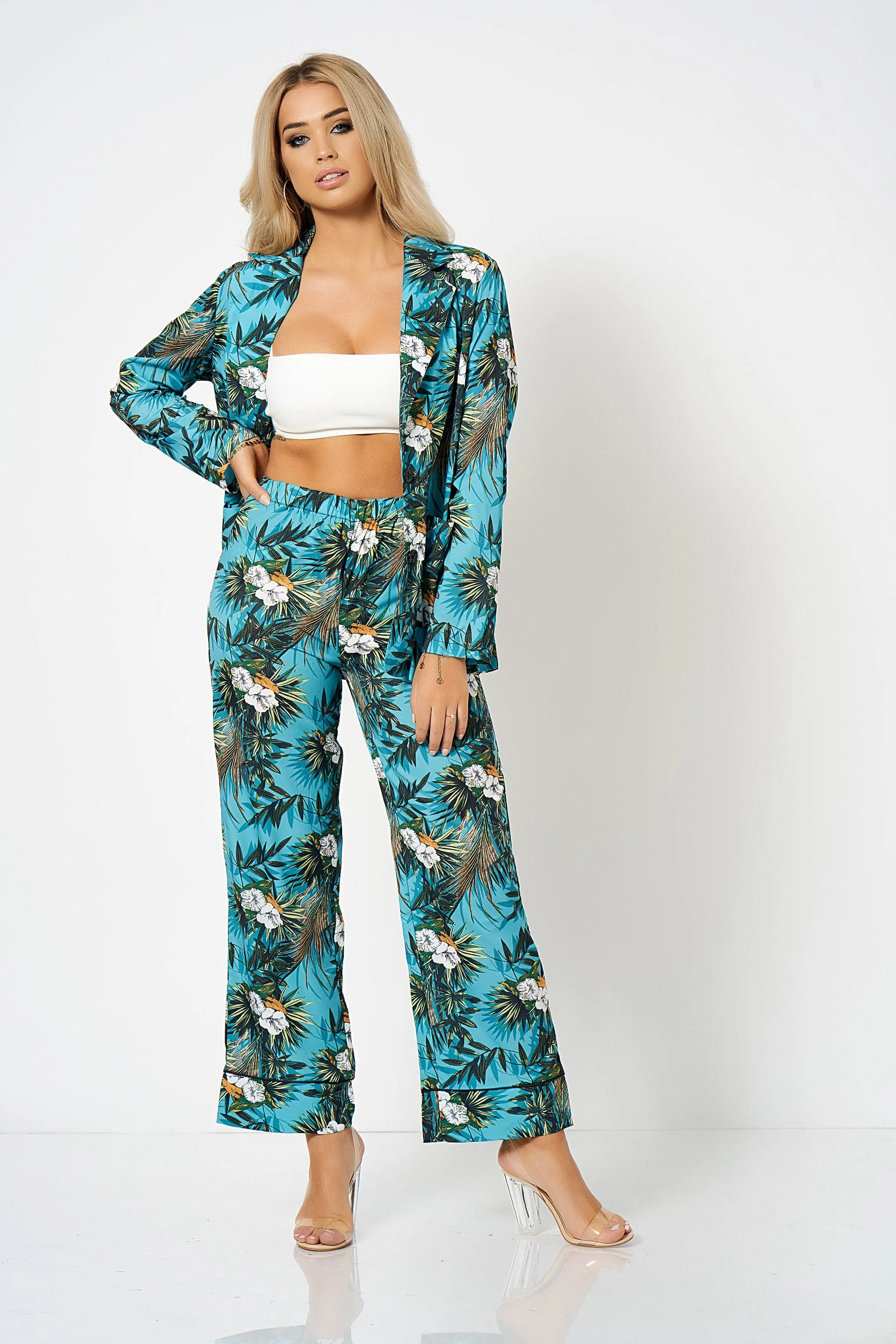 Blue Tropical Printed Co-Ord Blazer