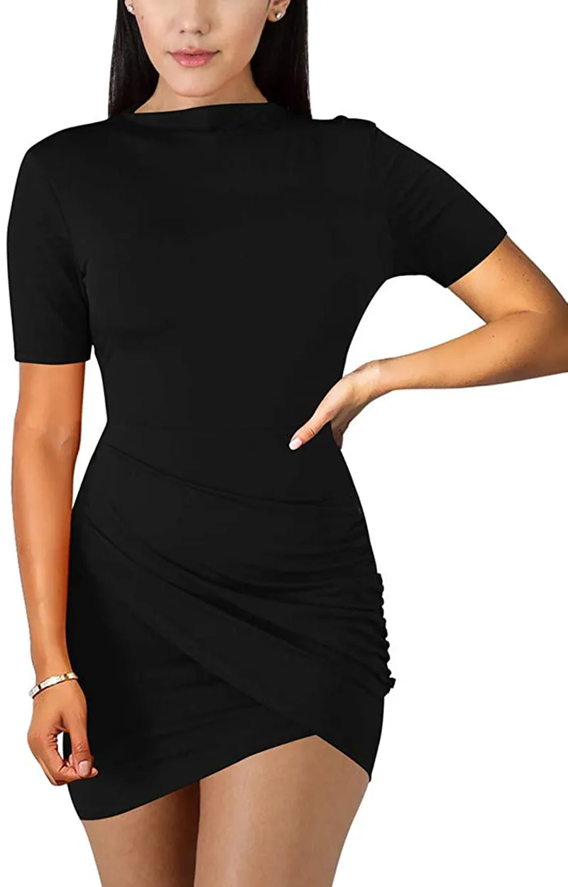 BORIFLORS Women's Sexy Wrap Front Long Sleeve Ruched Bodycon Mini Club Dress