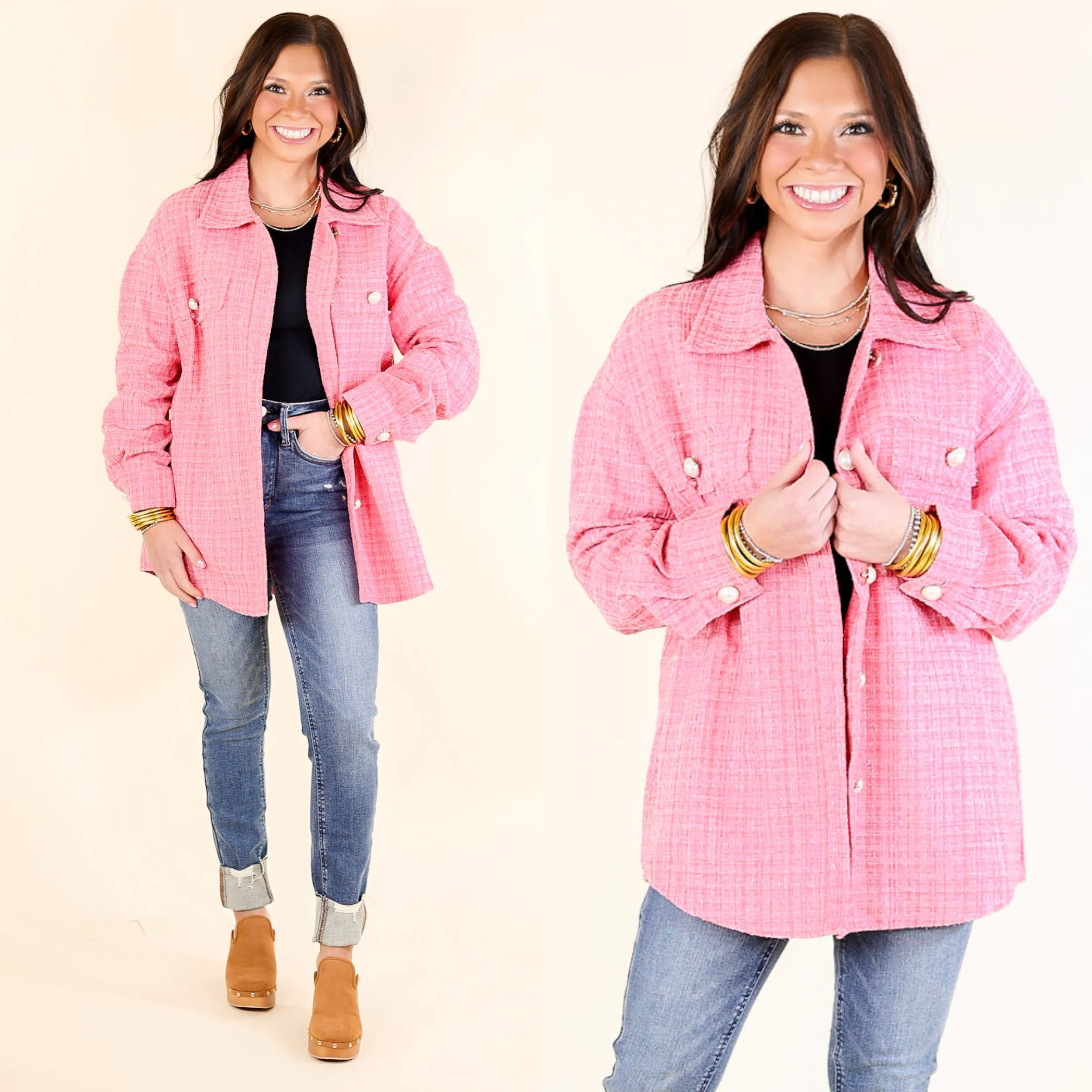 Brooklyn Buzz Pearl Button Up Tweed Shacket in Pink