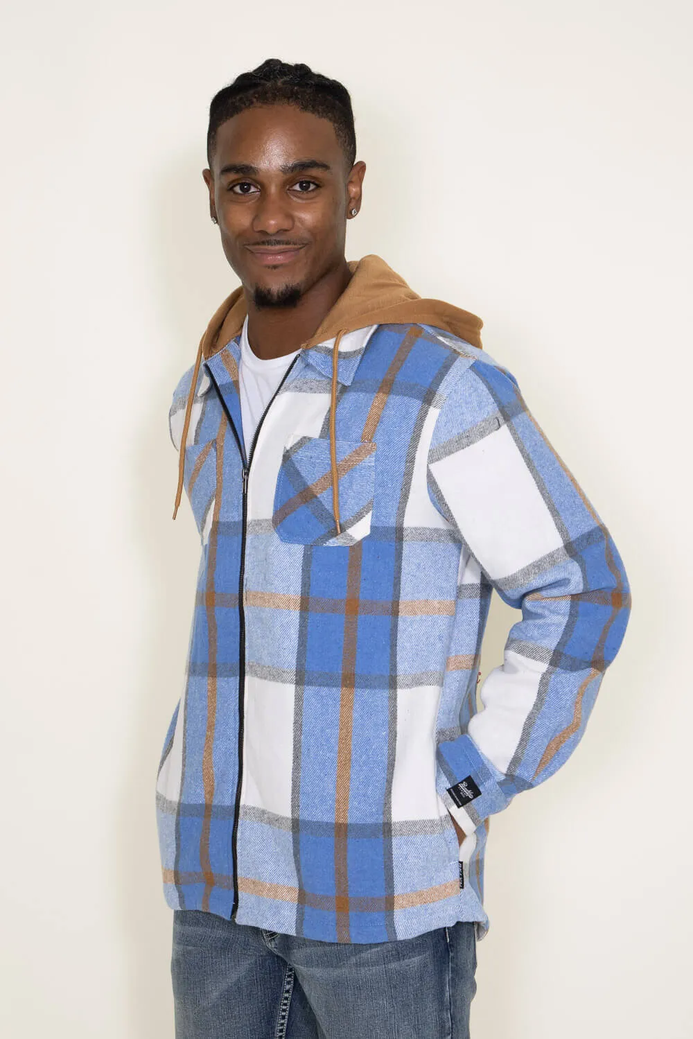 Brooklyn Cloth Zip Front Flannel Hooded Shirt Jacket for Men in Blue | BKMD726F-LTB