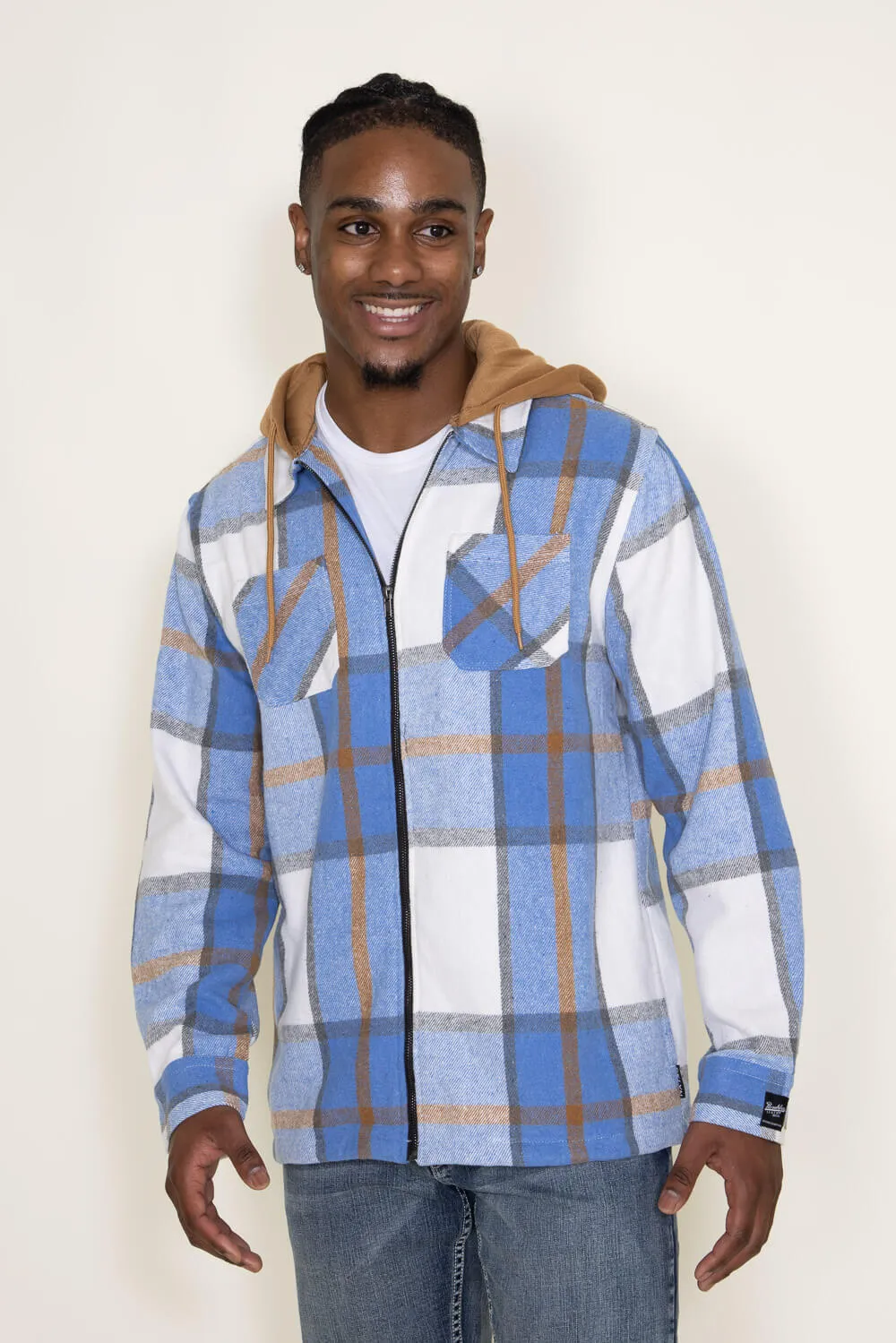 Brooklyn Cloth Zip Front Flannel Hooded Shirt Jacket for Men in Blue | BKMD726F-LTB