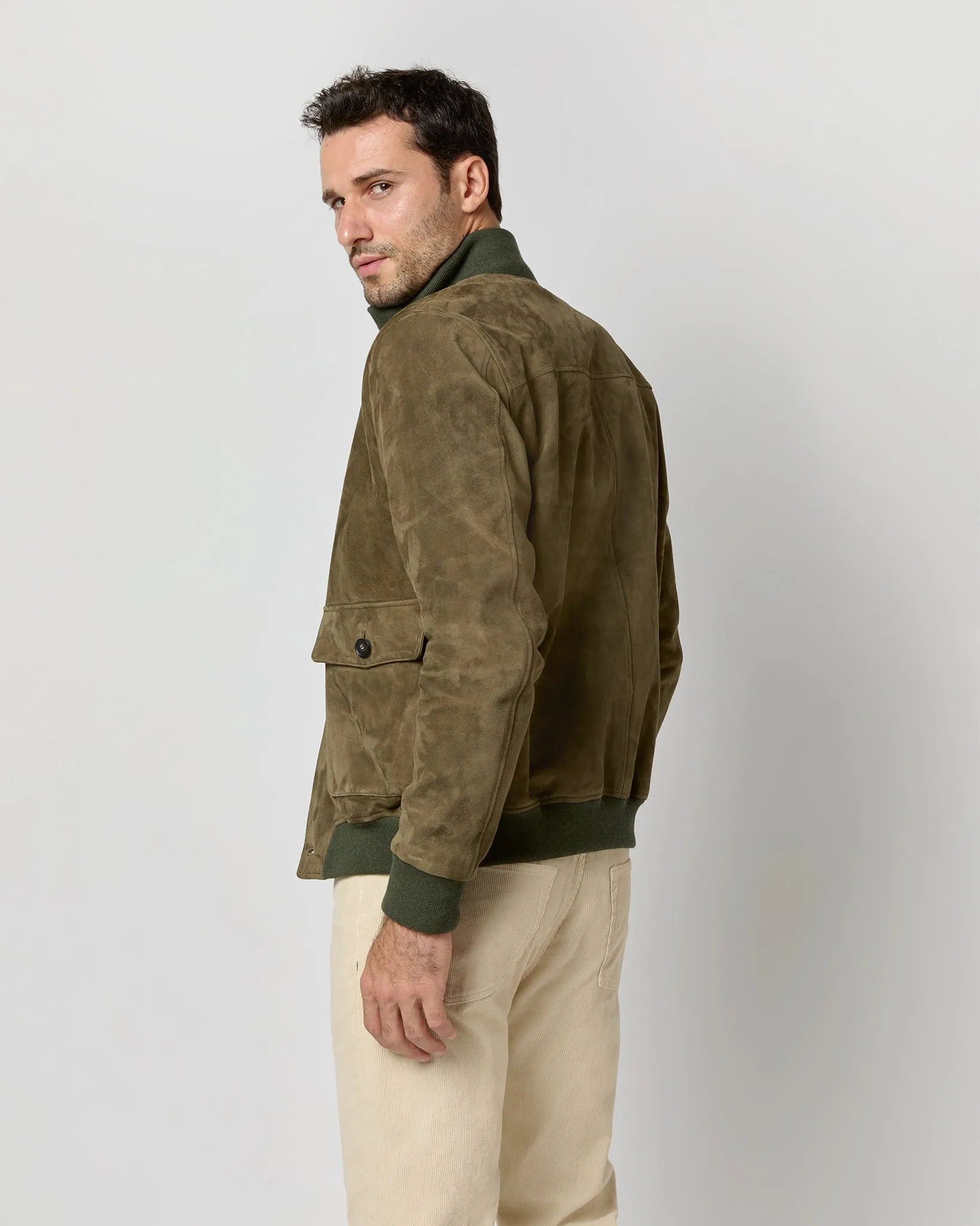 Button-Front Bomber Jacket in Olive Suede