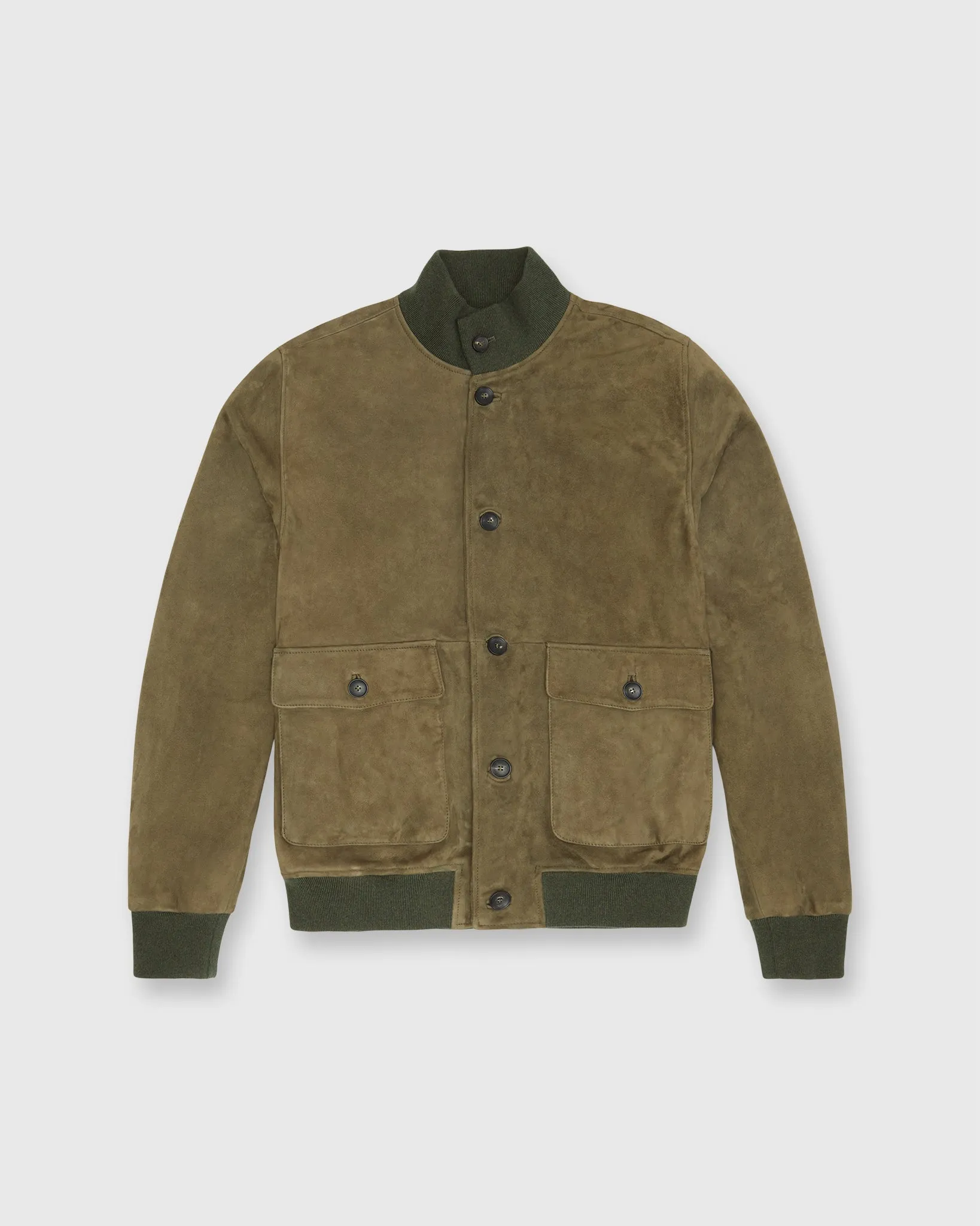 Button-Front Bomber Jacket in Olive Suede