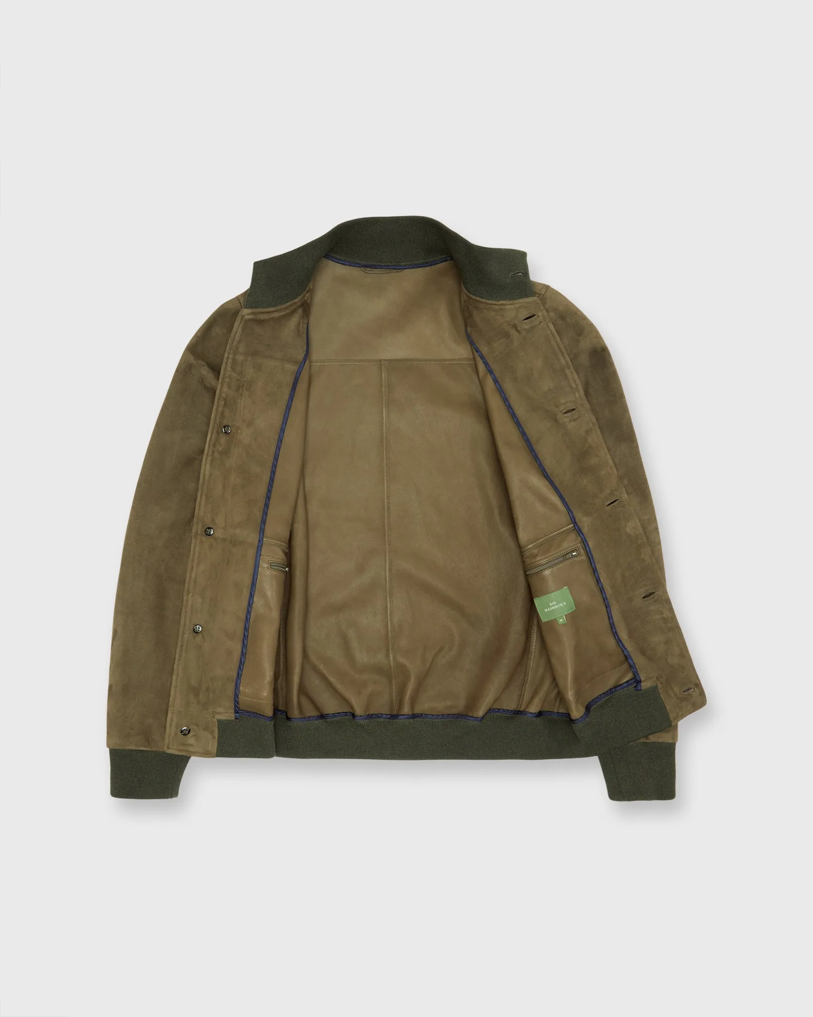 Button-Front Bomber Jacket in Olive Suede