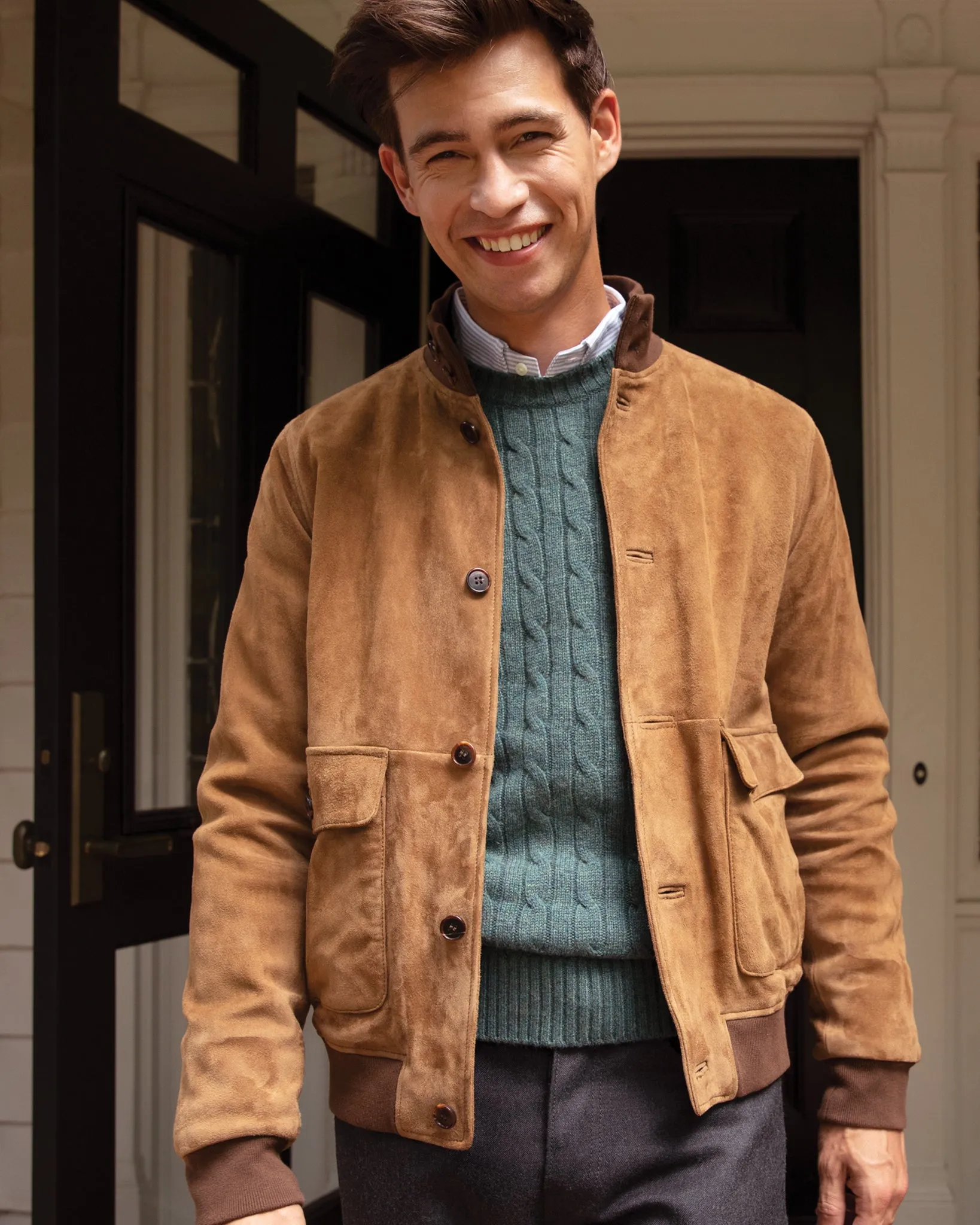 Button-Front Bomber Jacket in Tobacco Suede