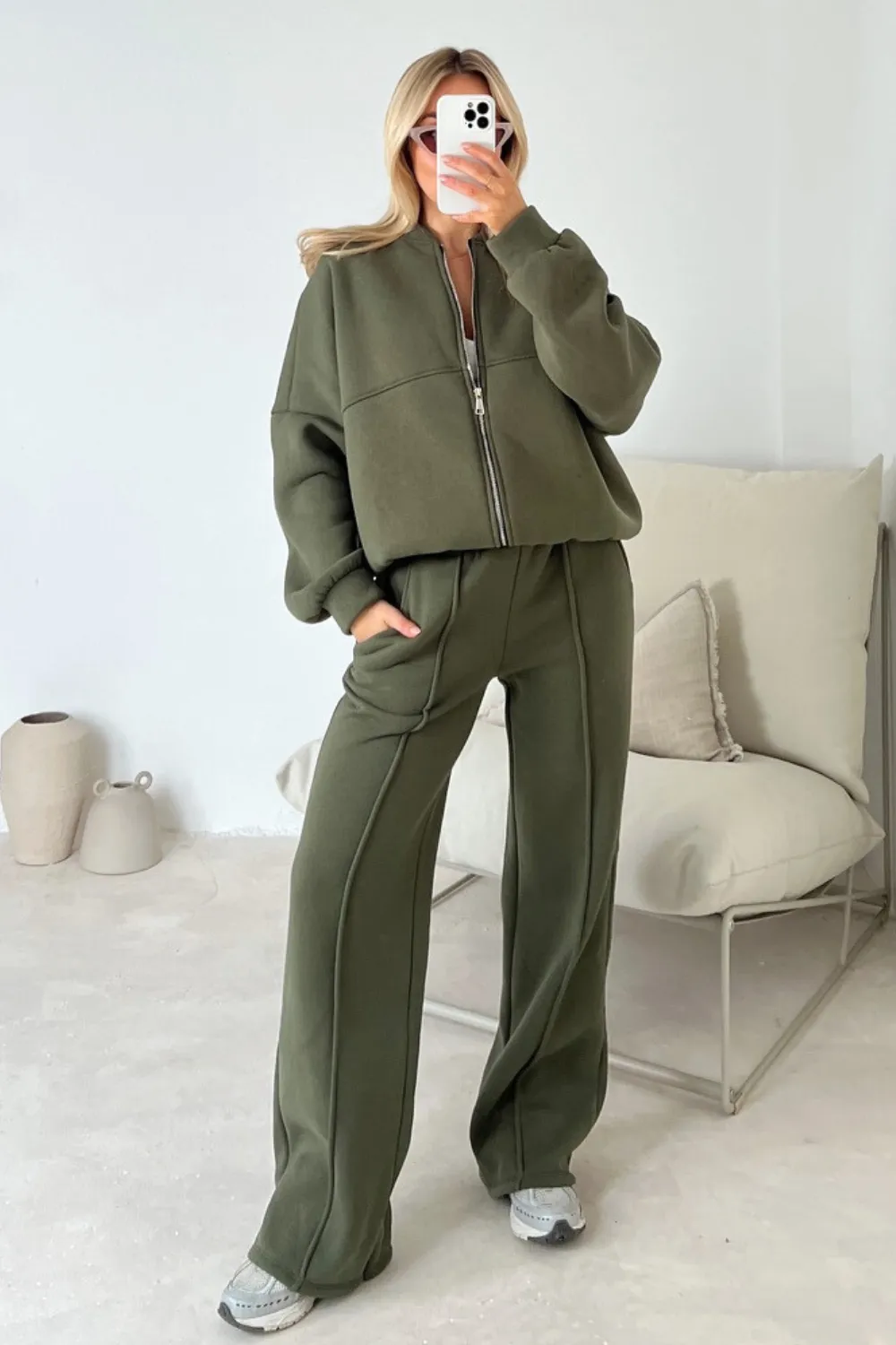 Camille khaki green bomber jacket and straight leg jogger loungewear