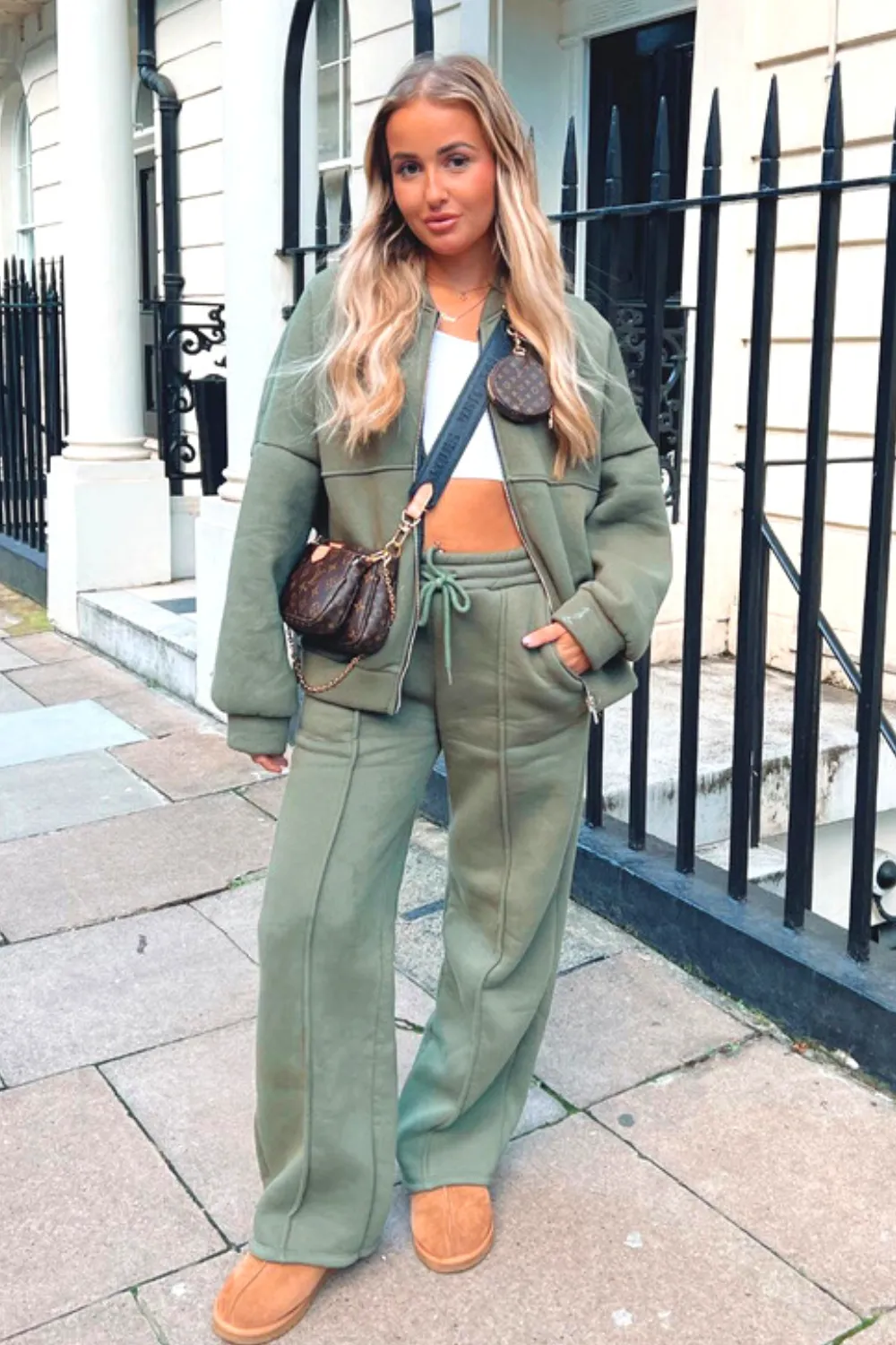 Camille khaki green bomber jacket and straight leg jogger loungewear