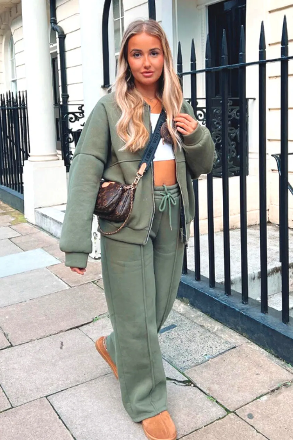 Camille khaki green bomber jacket and straight leg jogger loungewear