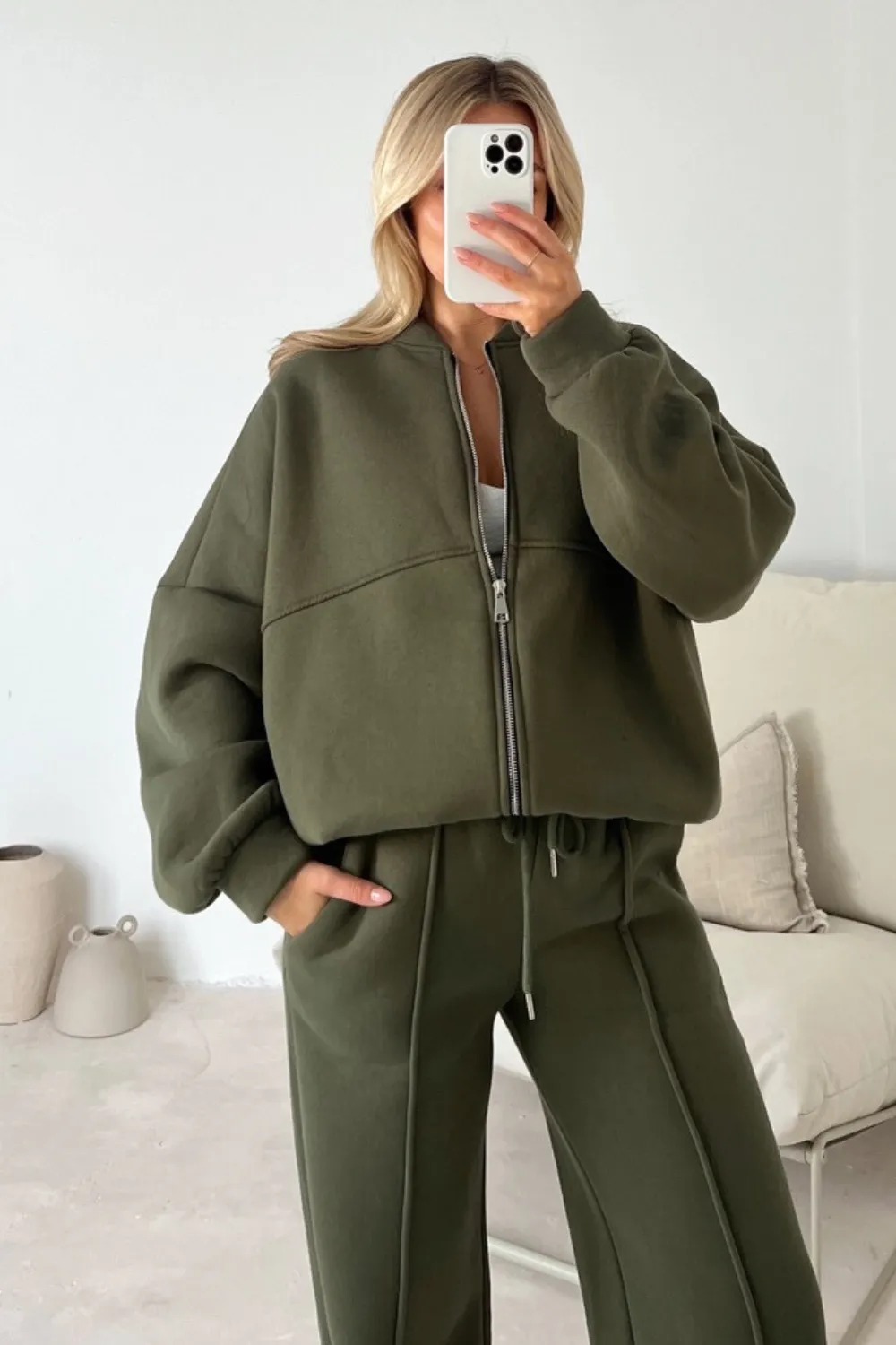 Camille khaki green bomber jacket and straight leg jogger loungewear