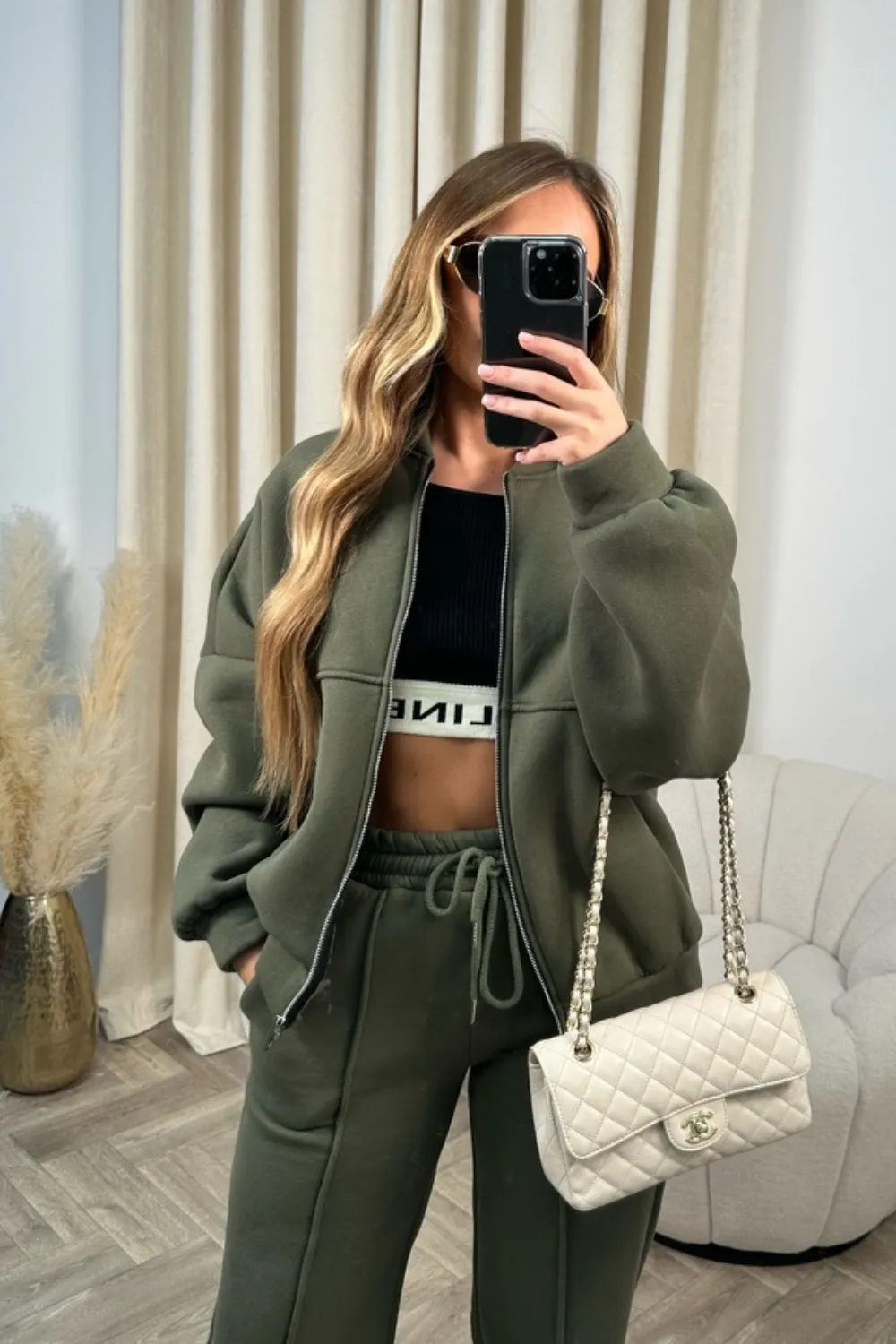 Camille khaki green bomber jacket and straight leg jogger loungewear