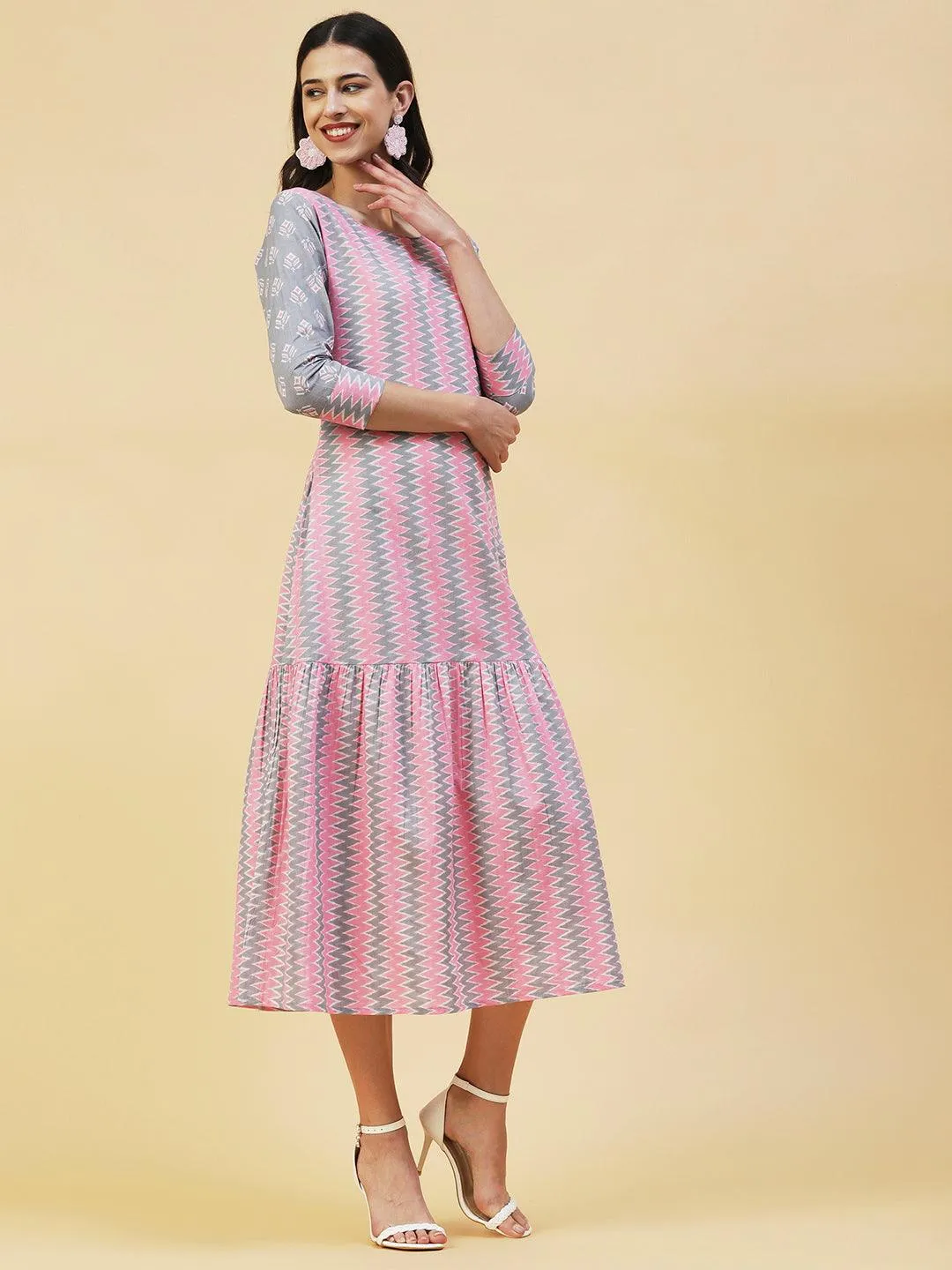 Chevron Printed A-Line Midi Dress with Long A-Line Jacket - Multi