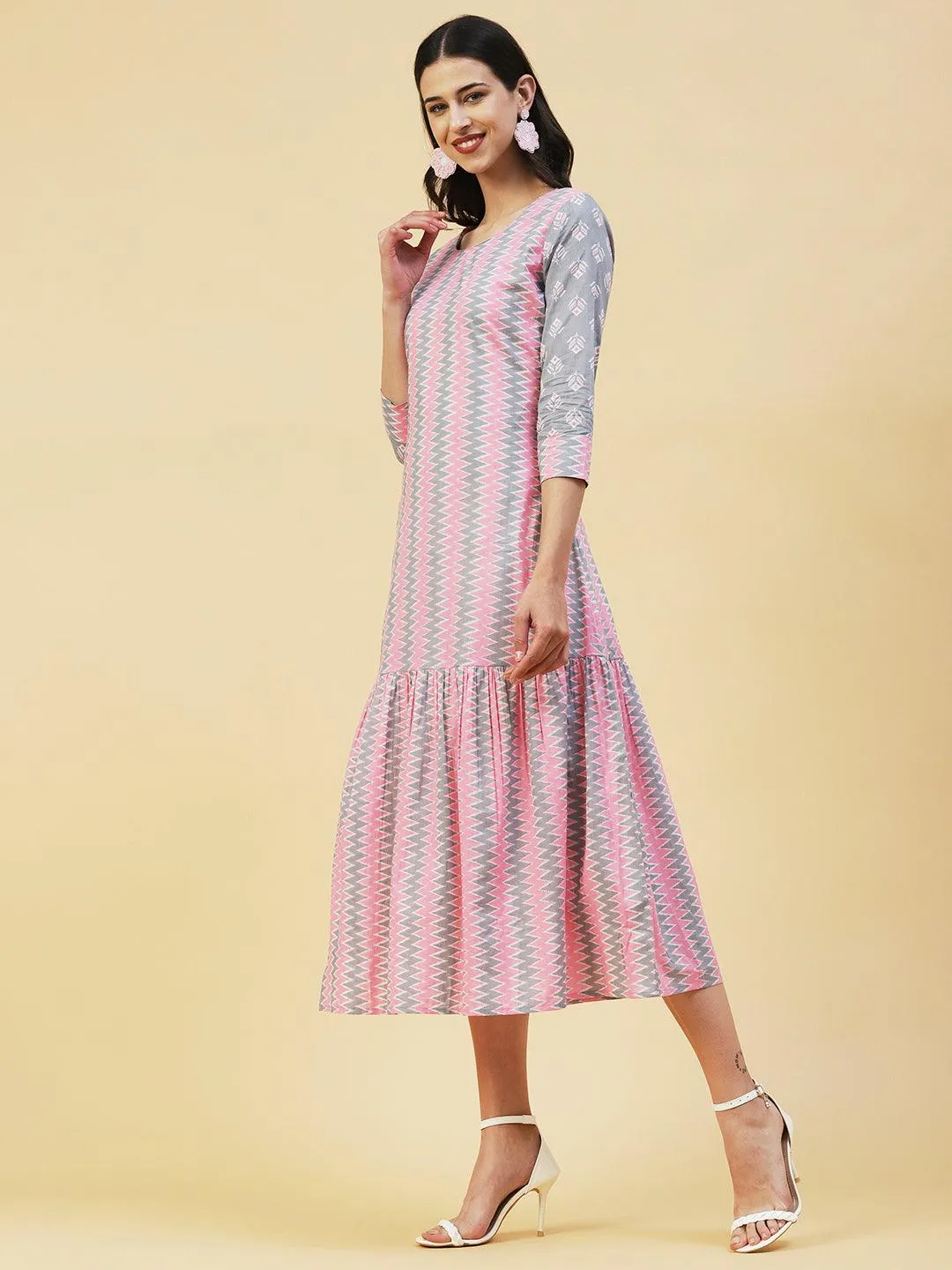 Chevron Printed A-Line Midi Dress with Long A-Line Jacket - Multi