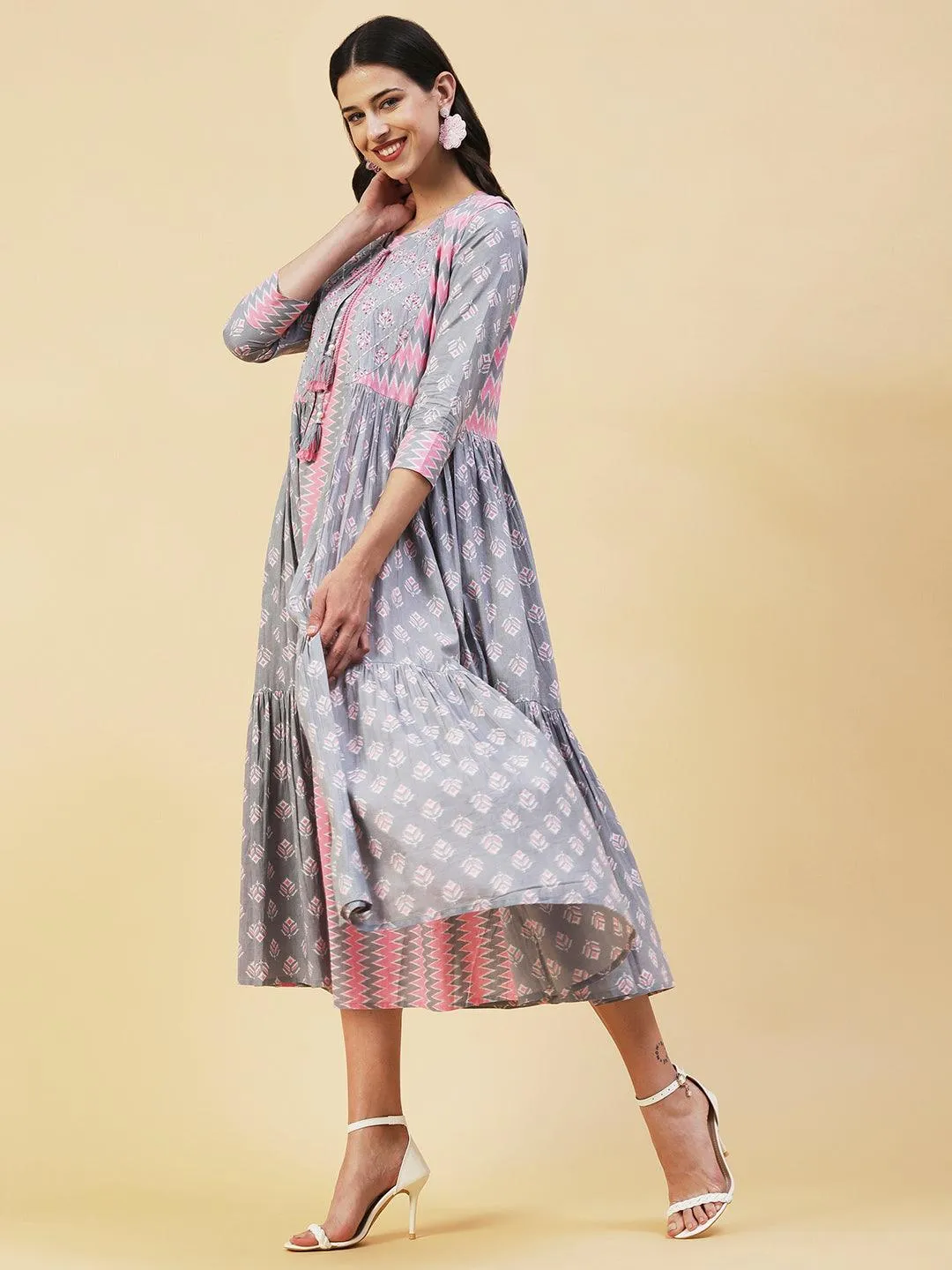 Chevron Printed A-Line Midi Dress with Long A-Line Jacket - Multi