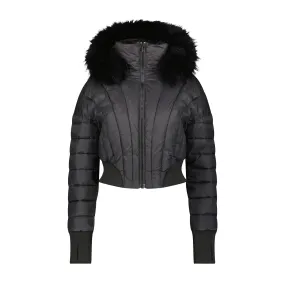 coat bomber crop with fur seashell - black