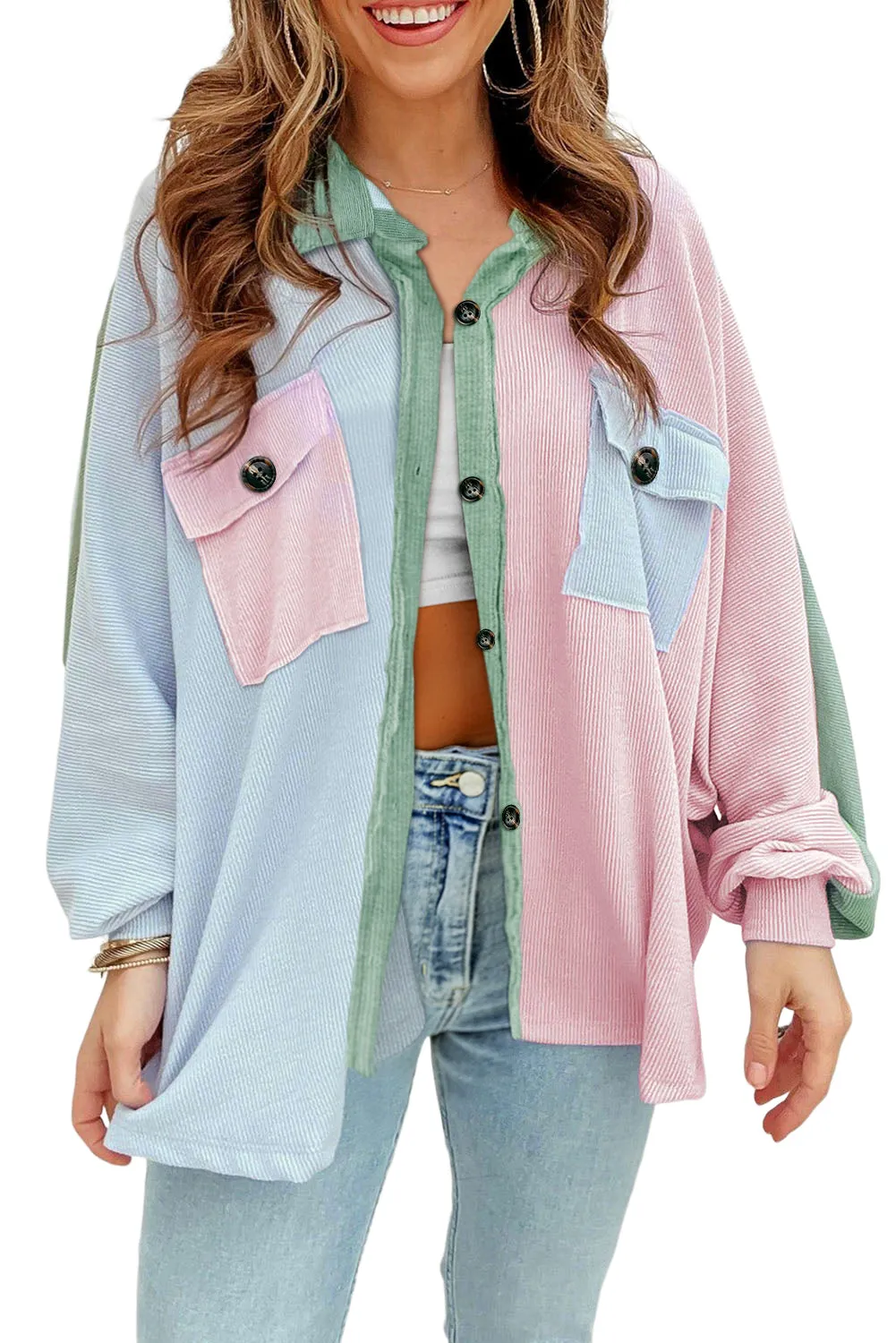 Colorblock Button Front Pocketed Jacket