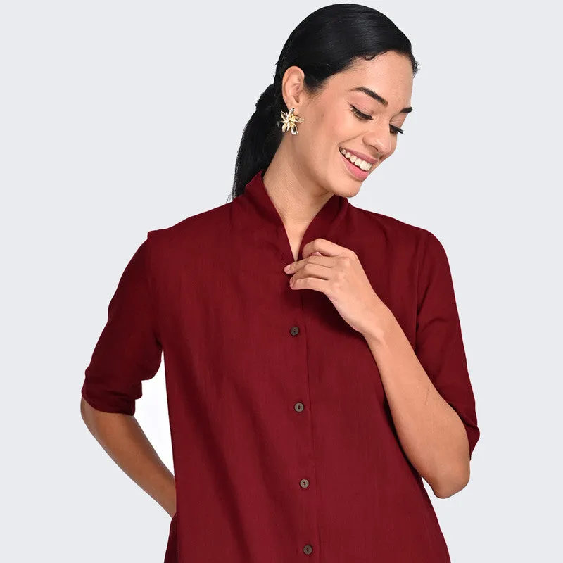 Cotton Co Ord Ord For Women | Shirt & Trouser | Draped Neck | Red