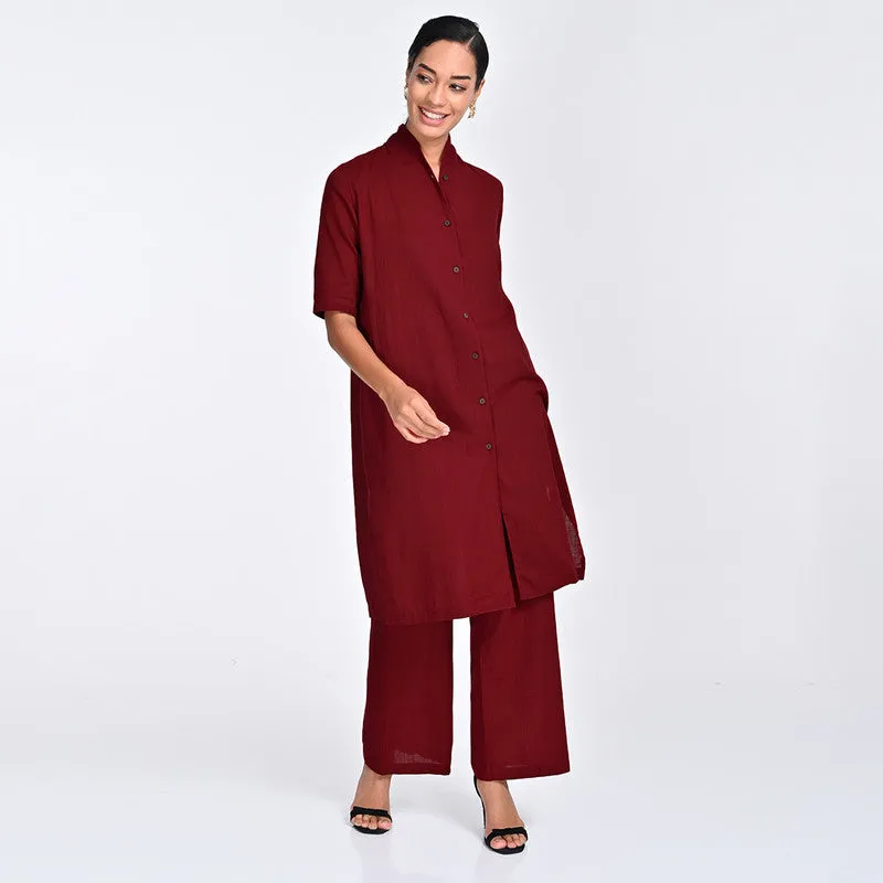 Cotton Co Ord Ord For Women | Shirt & Trouser | Draped Neck | Red