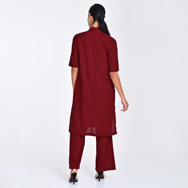 Cotton Co Ord Ord For Women | Shirt & Trouser | Draped Neck | Red