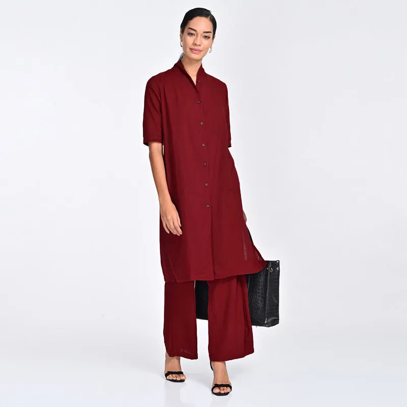 Cotton Co Ord Ord For Women | Shirt & Trouser | Draped Neck | Red