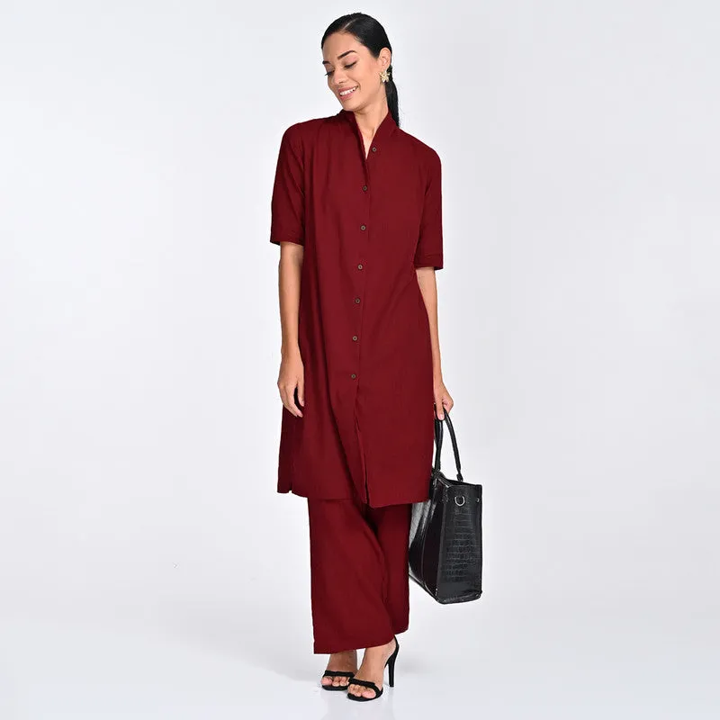 Cotton Co Ord Ord For Women | Shirt & Trouser | Draped Neck | Red