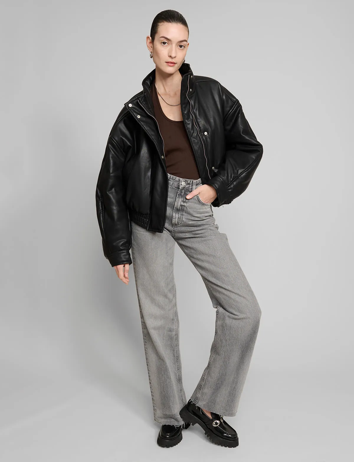 Crop Leather Bomber Jacket