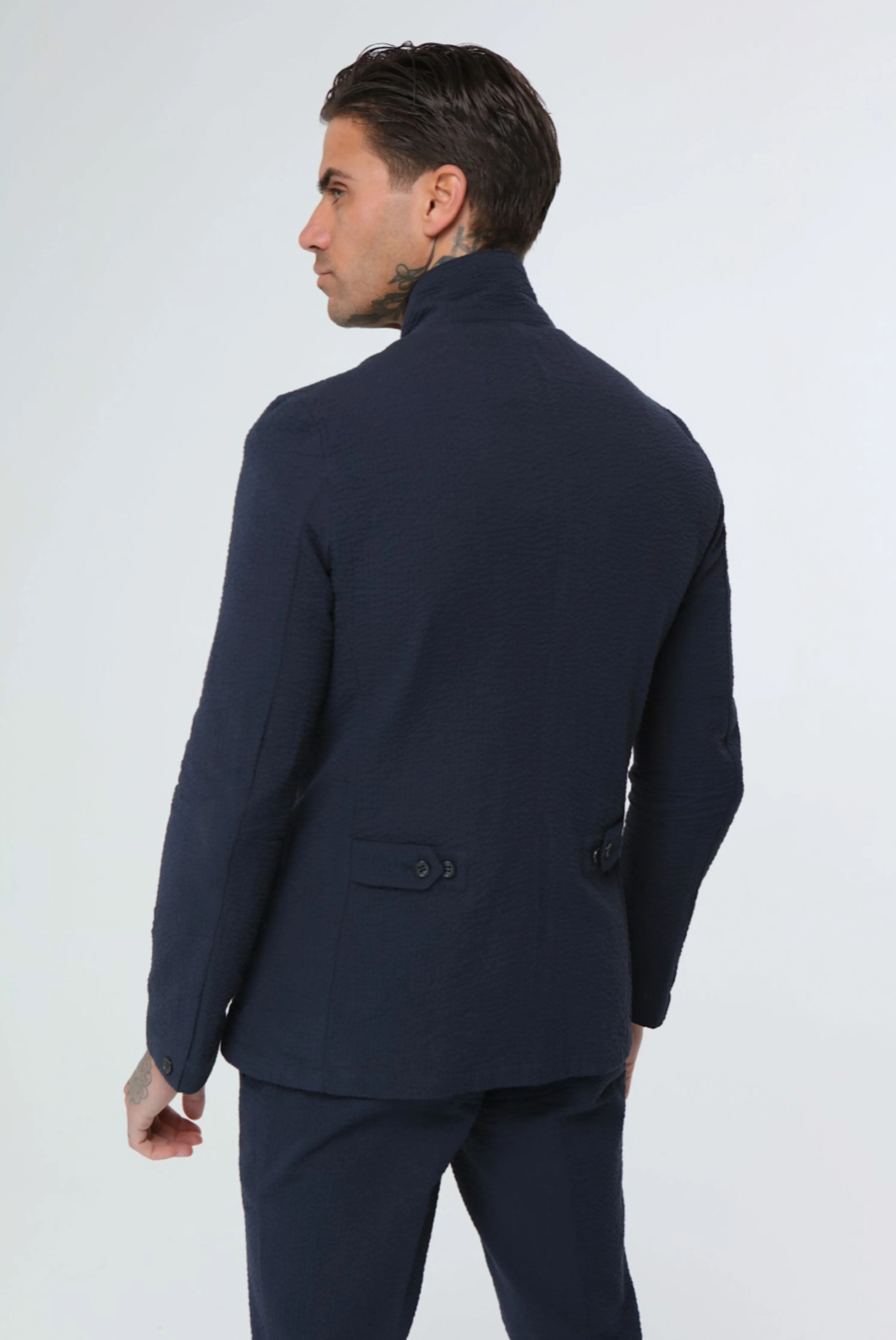 DEAKIN Cotton Linen Seersucker Blazer in Navy