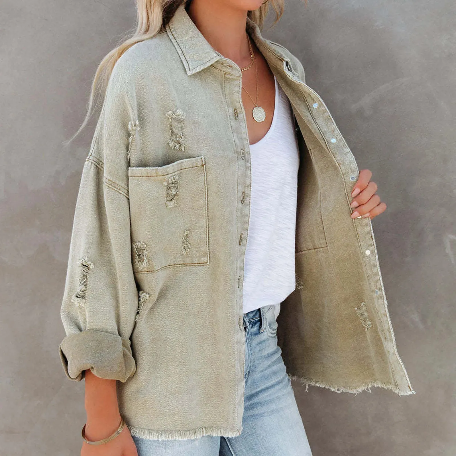 Denim Solid Color Lapel Flap Pockets Cardigan Coat Jacket for Women