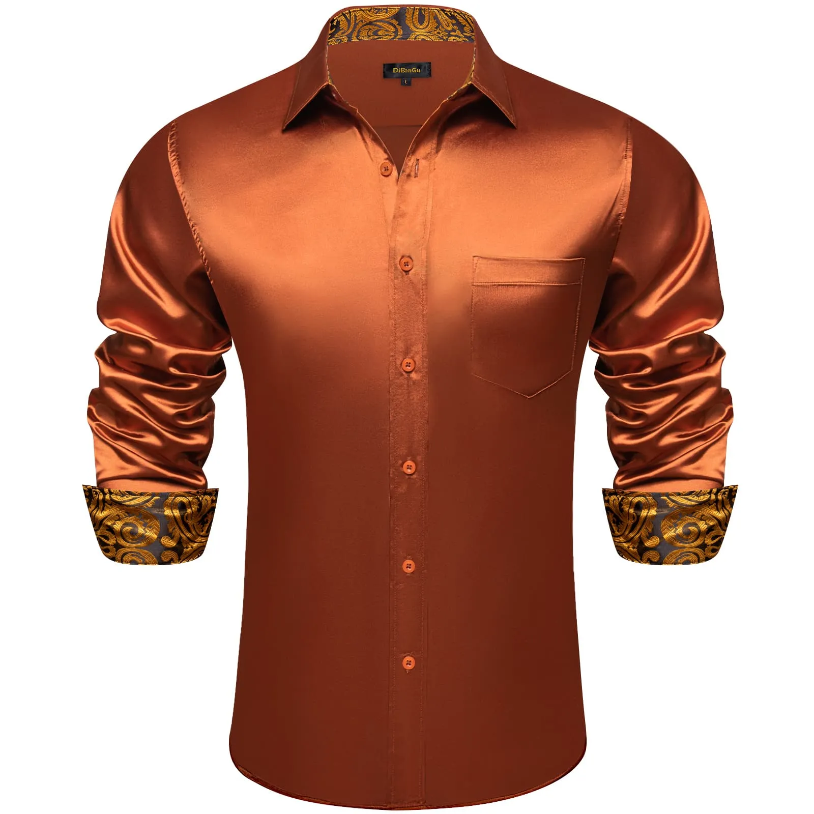 DiBanGu Tuxedo Shirt Sienna Brown Solid Satin Silk Button Up Long Sleeve Men's Shirt