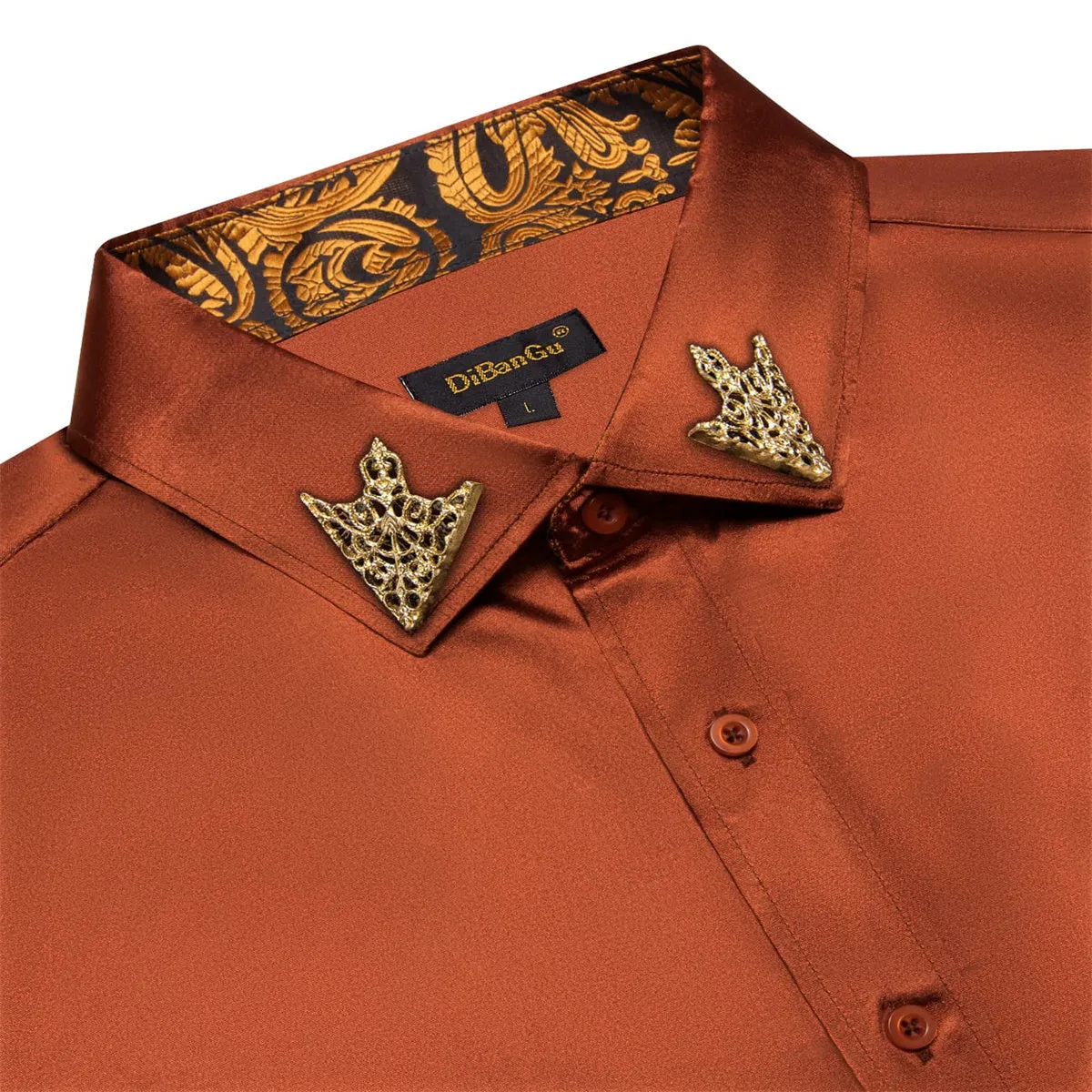 DiBanGu Tuxedo Shirt Sienna Brown Solid Satin Silk Button Up Long Sleeve Men's Shirt