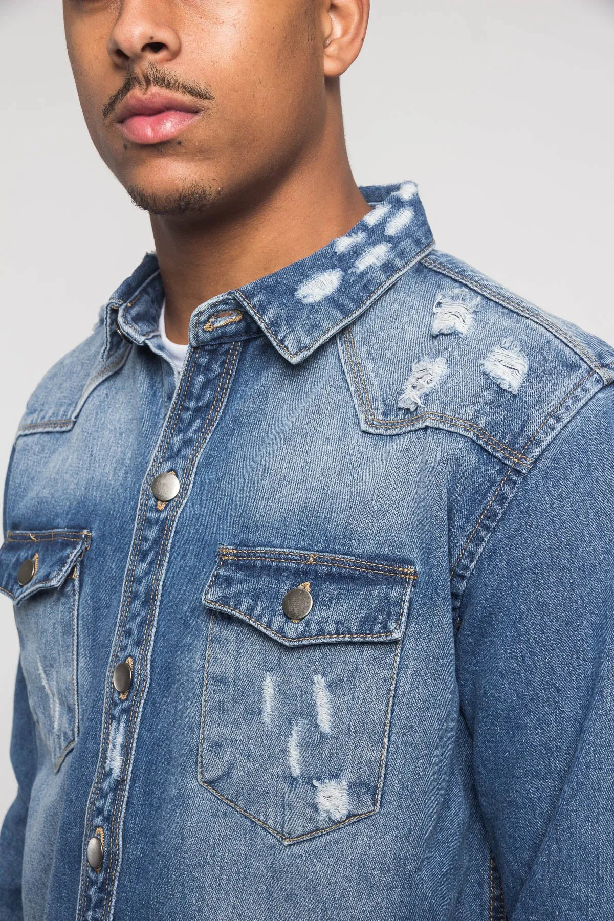 Distressed Denim Button Up Shirt Jacket